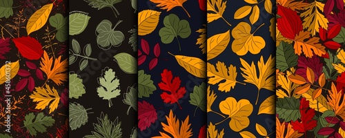 Set of patterns with overlapping colorful autumn leaves. Vector illustration.