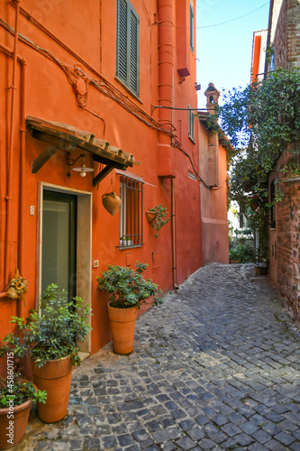 A narrow street in Nemi, a medieval town overlooking a lake in the province of Rome, Italy.