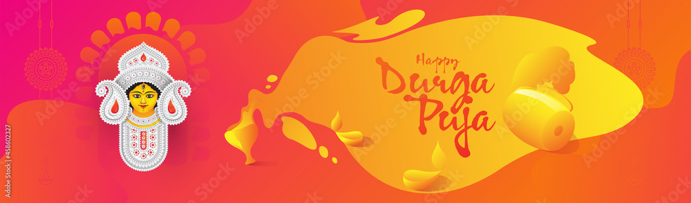 Obraz premium Happy Durga Puja Header Banner Design Template with Goddess Durga Face Illustration