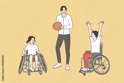 Happy active lifestyle of disabled children concept. Young smiling coach man standing with ball near disabled children on wheelchairs sitting waiting for game vector illustration 