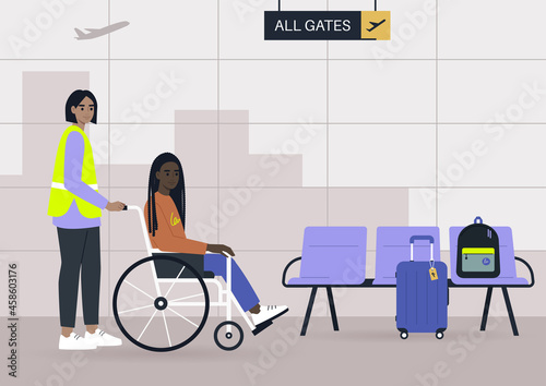 The airport staff member assisting a passenger on a wheelchair, transferring to the gate, inclusion and accessibility