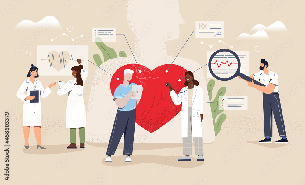 Male and female cardiologists are checking up heart of patient on beige background. Concept of medical diagnostics of human cardio diseases. Examination and treatment. Flat cartoon vector illustration