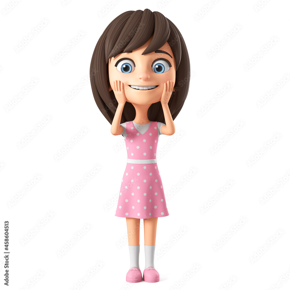 Cartoon character beautiful girl in pink dress and blue eyes surprised by the surprise. 3d render illustration. Cartoon character beautiful girl in pink dress and blue eyes surprised by the surprise. 3d render illustration.