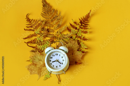 The concept of bright autumn days. Dry fern leaves, yellow maple leaves, alarm clock on a yellow background, top view, place for text