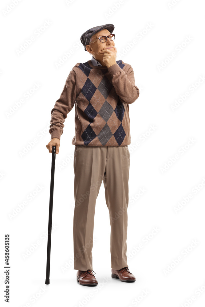 Full length portrait of a senior man with a walking cane standing and thinking Full length portrait of a senior man with a walking cane standing and thinking