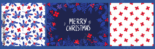 A greeting card template with the inscription merry Christmas and patterns of holly twigs, flowers and twigs. Illustration for postcards, banners, gift packaging.