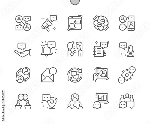 Discussion. Speech bubble. Dialogue, message and video call. Talking, speak, communication and connection. Pixel Perfect Vector Thin Line Icons. Simple Minimal Pictogram