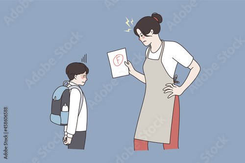 Anger and relations between parent and child concept. Angry woman mother standing looking at her son feeling furious because his bad mark test at school vector illustration 
