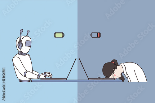 Robot and human work concept. Artificial intelligence robot sitting showing high productivity at laptop and tired person feeling exhausted at office vector illustration 
