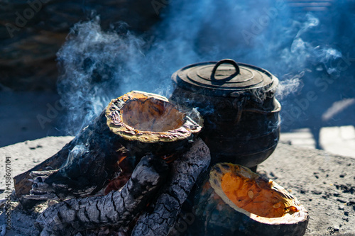 Metal cauldron on coals, wood with fire, background with high landscape