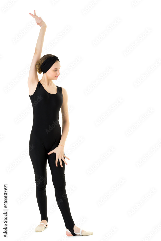 Gymnast girl in sport outfit raising her hand Gymnast girl in sport outfit raising her hand