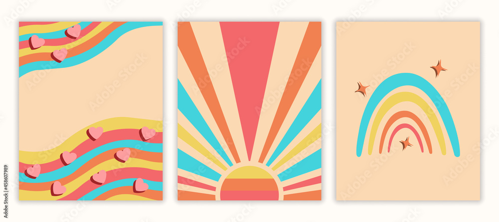 Set of pop art backgrounds. Abstract retro posters with sun, waves, rainbows and hearts. Design elements for postcards and wall decoration. Cartoon flat vector collection isolated on white backdroup
