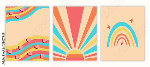 Set of pop art backgrounds. Abstract retro posters with sun, waves, rainbows and hearts. Design elements for postcards and wall decoration. Cartoon flat vector collection isolated on white backdroup