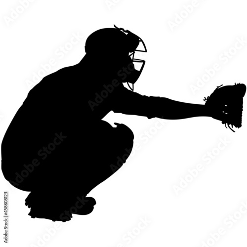 Baseball Catcher in ready position to playing. Baseball Catcher at work on baseball field detailed realistic silhouette
