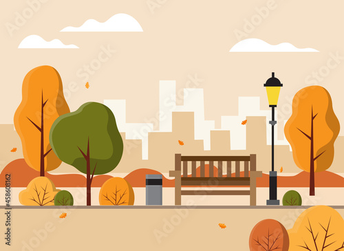 Beautiful autumn city park with town building background. Flat cartoon vector illustration