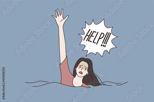 Asking for help and sos concept. Young woman cartoon character swimming drowning in water asking for help shouting trying to get attention vector illustration 