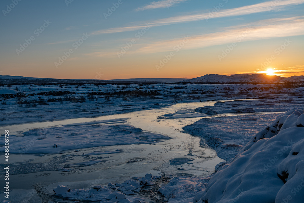 Thingvellir National Park in Iceland at sunrise on winter day Thingvellir National Park in Iceland at sunrise on winter day
