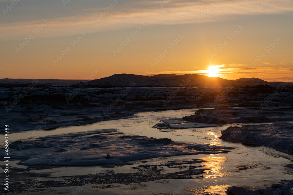 Thingvellir National Park in Iceland at sunrise on winter day Thingvellir National Park in Iceland at sunrise on winter day