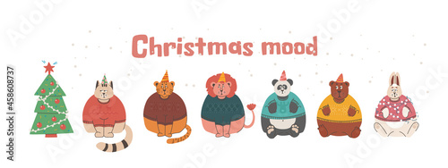 Christmas mood. Sad and grumpy animals, but cute bunnies, lion, bear, tiger, cat and panda in Christmas sweaters. Vector isolated elements for New Year's design.
