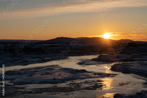 Thingvellir National Park in Iceland at sunrise on winter day