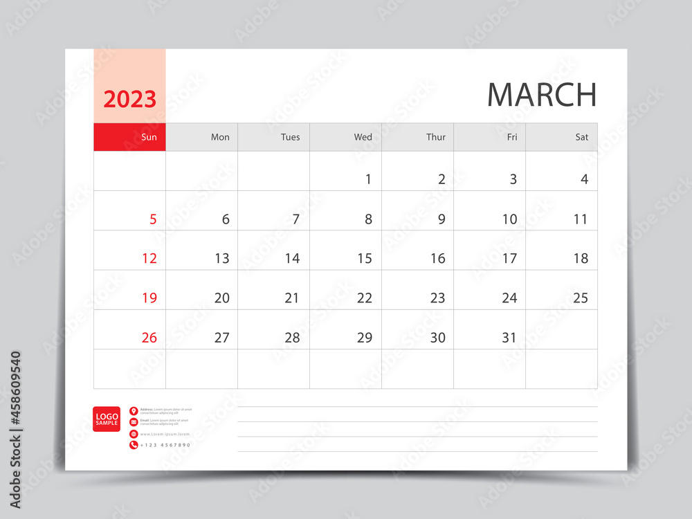 Monthly calendar template for 2023 year, March design, Planner, Desk