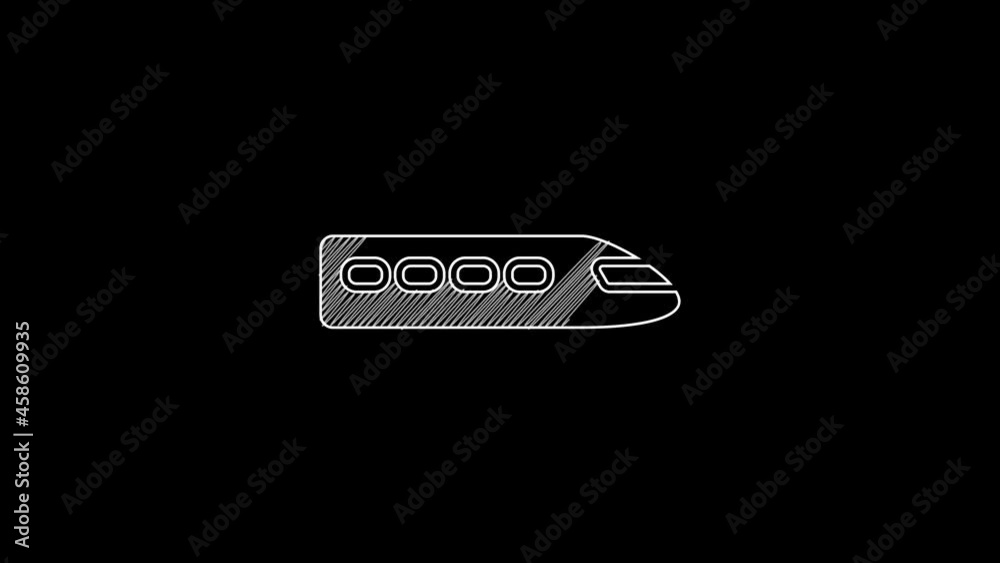 White line Train icon isolated on black background. Public transportation symbol. Subway train transport. Metro underground. 4K Video motion graphic animation White line Train icon isolated on black background. Public transportation symbol. Subway train transport. Metro underground. 4K Video motion graphic animation