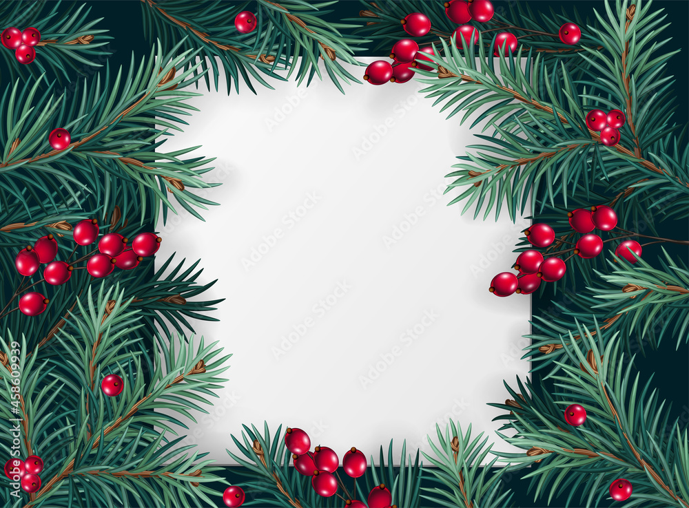 Vector Christmas square frame with pine tree brunches, red berries and white paper. Cristmas concept Vector Christmas square frame with pine tree brunches, red berries and white paper. Cristmas concept