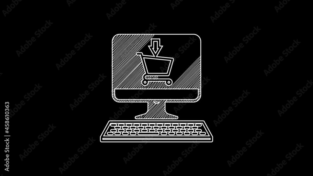 White line Shopping cart on screen computer icon isolated on black background. Concept e-commerce, e-business, online business marketing. 4K Video motion graphic animation White line Shopping cart on screen computer icon isolated on black background. Concept e-commerce, e-business, online business marketing. 4K Video motion graphic animation