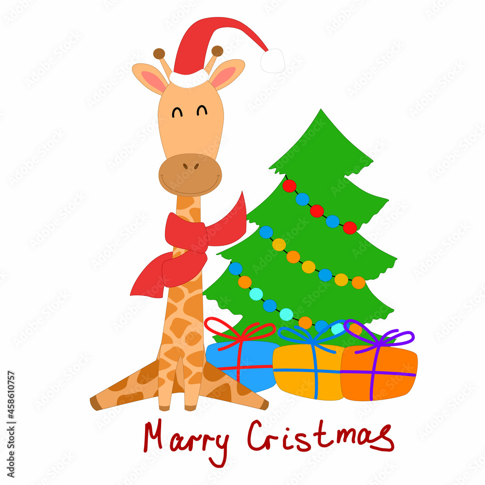 Cartoon-style giraffe Christmas card with a Christmas tree and gifts. An African animal in a red scarf and a santaclaus hat. Cartoon-style giraffe Christmas card with a Christmas tree and gifts. An African animal in a red scarf and a santaclaus hat.