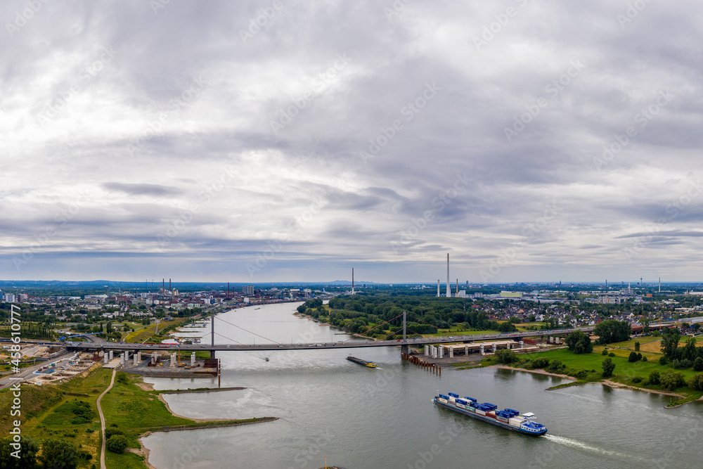Panoramic view of the Rhine motorway bridge near Leverkusen, Germany. Drone photography