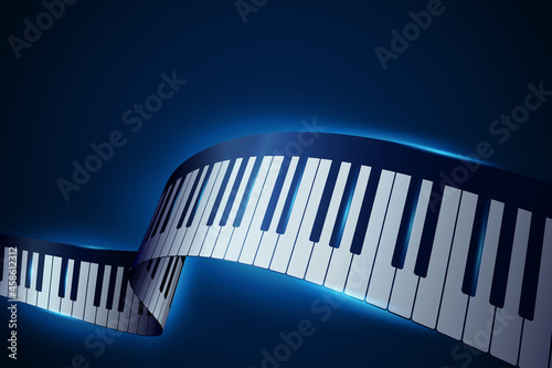 Realistic piano keys in isometric style. Abstract blue musical background. 3D piano keyboard. Musical instrument keyboard. Vector design element for template of music festival or banner, poster, flyer