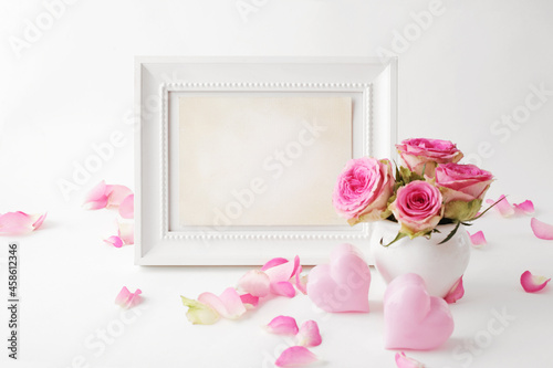 pink rose flowers and photo frame mockup