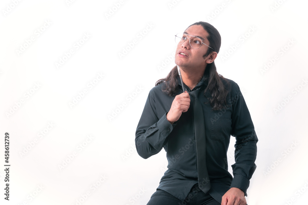 Person with white background. He is looking up thinking deeply, can't find solution. dressed in formal clothes. White space. Man gesticulating. Person with white background. He is looking up thinking deeply, can't find solution. dressed in formal clothes. White space. Man gesticulating.