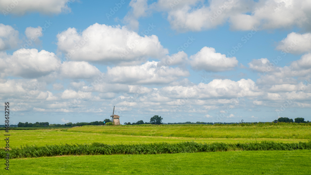 Landscape in North Holland, Netherlands. Panoramic grassland, clouds, windmill on the horizon and horses Landscape in North Holland, Netherlands. Panoramic grassland, clouds, windmill on the horizon and horses