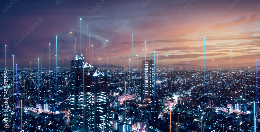 Telecommunication connections above smart city. Futuristic cityscape concept for internet of things (IoT), fintech, blockchain, 5G LTE network, wifi hotspot access, cyber security, digital technology