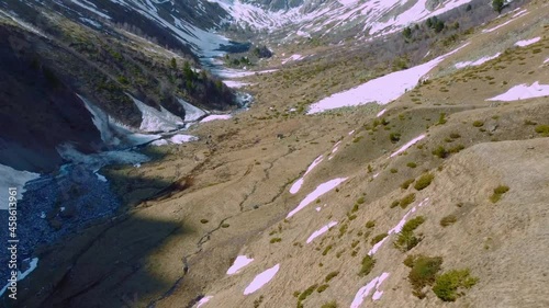 Winter season and snowy mountain forest from a bird's-eye view Spectacular natural landscape. 