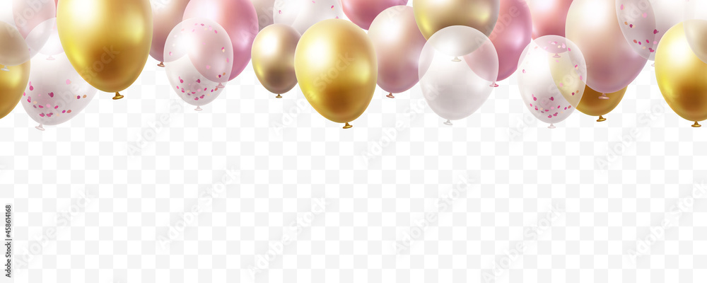 Balloon seamless border isolated on transparent background. Vector realistic gold, pink, bronze, golden rose, white and silver festive 3d helium balloons for anniversary, birthday party design - obrazy, fototapety, plakaty 