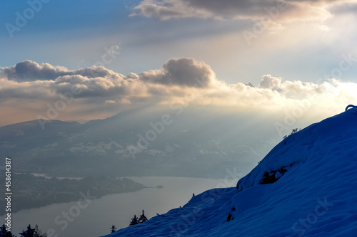 Snowy sunny view on Lake Lucerne Switzerland