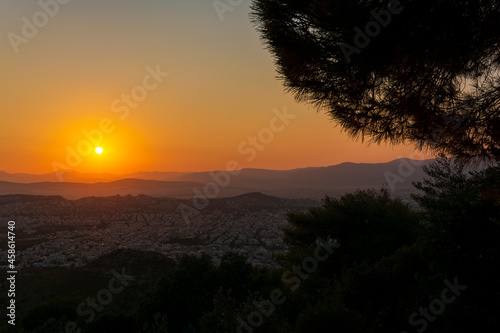 Sunset panoramic view of Athens from hymettus mountain, Greece. photo