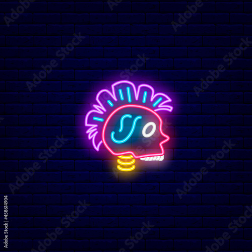 Cyberpunk head with mohawk neon icon. Futuristic skull. Future with robot technology. Isolated vector illustration