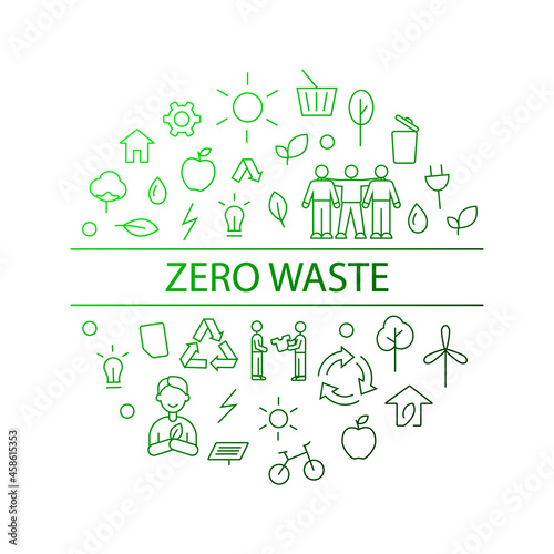 Zero waste gradient circle layout with line icons. Heradline text. Isolated vector stock illustration