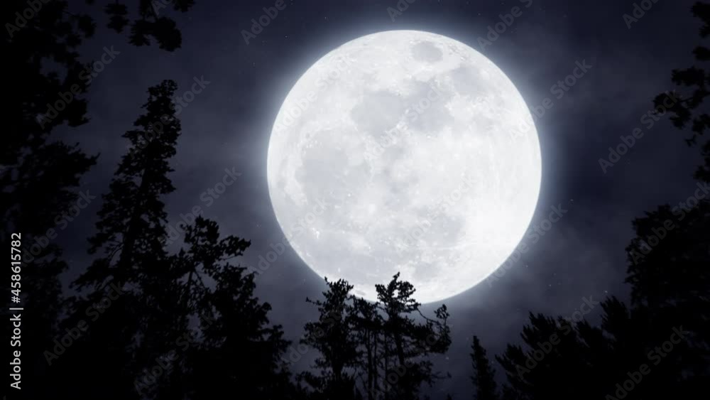 Bright glowing full moon in the sky. Mystery Moonshine. Dark blue night, evening sky. Forest, trees silhouettes on the front. Halloween mood. 3D render. Aerial landscape. Seamless loop 4K animation