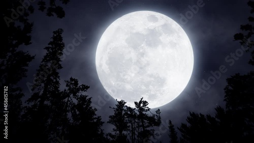Bright glowing full moon in the sky. Mystery Moonshine. Dark blue night, evening sky. Forest, trees silhouettes on the front. Halloween mood. 3D render. Aerial landscape. Seamless loop 4K animation