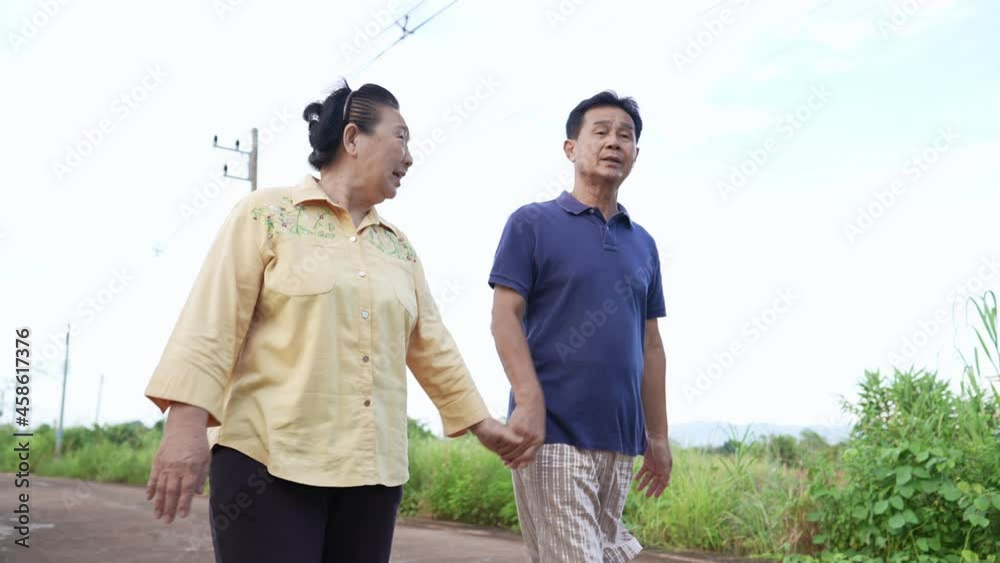 Asian senior couple take a walk and holding hands with relaxing vibe around the neighborhood, active lifestyle family get together, relationship goal, after marriage life, love care for each other Asian senior couple take a walk and holding hands with relaxing vibe around the neighborhood, active lifestyle family get together, relationship goal, after marriage life, love care for each other