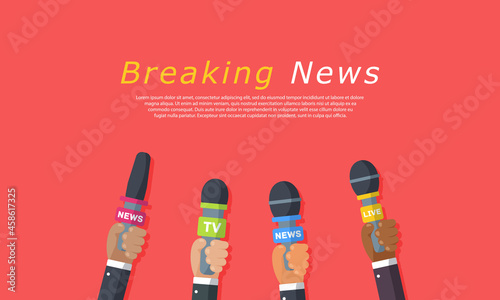 Microphones in the hands of a reporter. Press conference idea, interviews, latest news. 