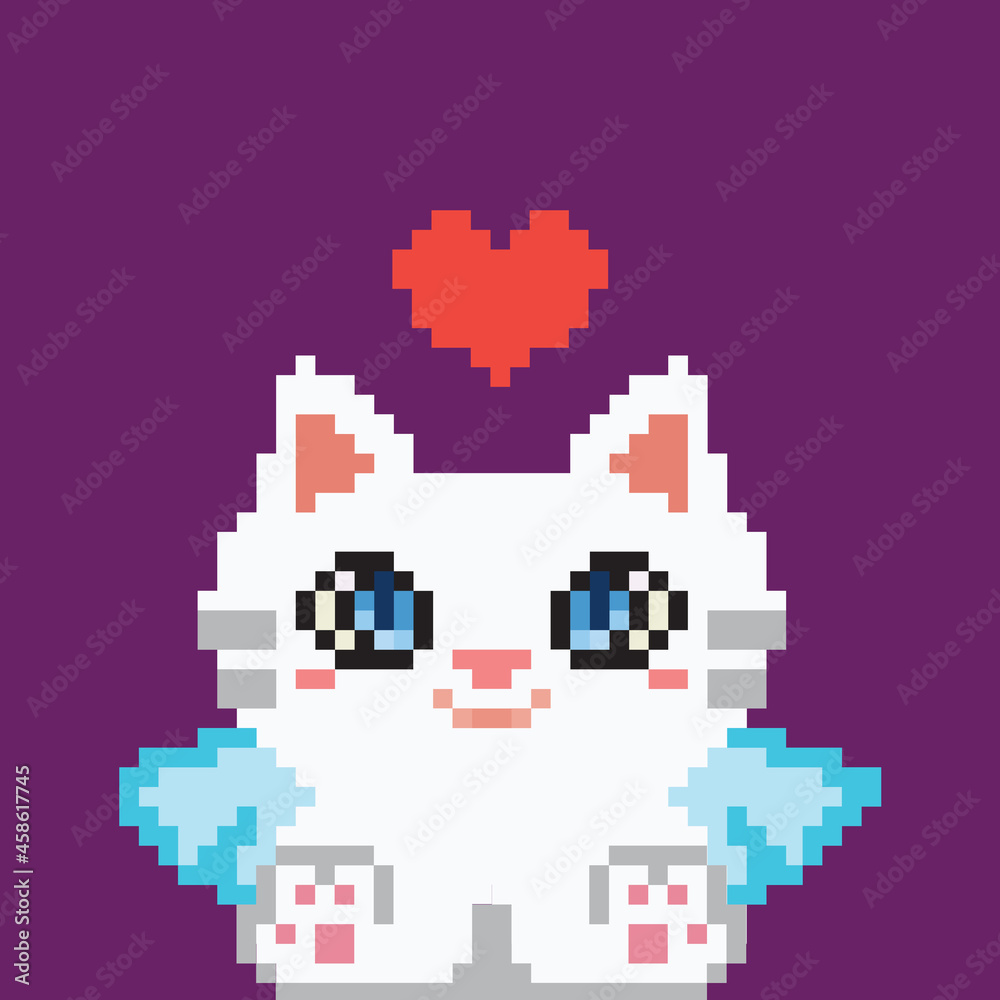 Cute Angel Cat. Pixel Art Style