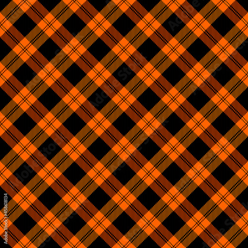 Diagonal tartan Halloween plaid. Scottish pattern in orange and black cage. Scottish cage. Traditional Scottish checkered background. Seamless fabric texture. Vector illustration