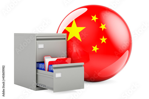 Database in China, concept. Folders in filing cabinet with Chinese flag, 3D rendering