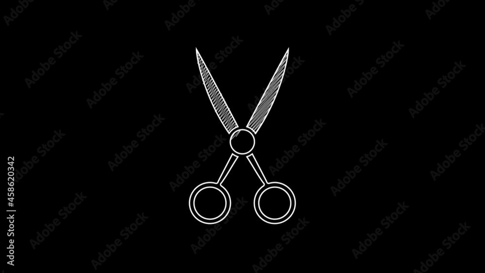 White line Scissors hairdresser icon isolated on black background. Hairdresser, fashion salon and barber sign. Barbershop symbol. 4K Video motion graphic animation