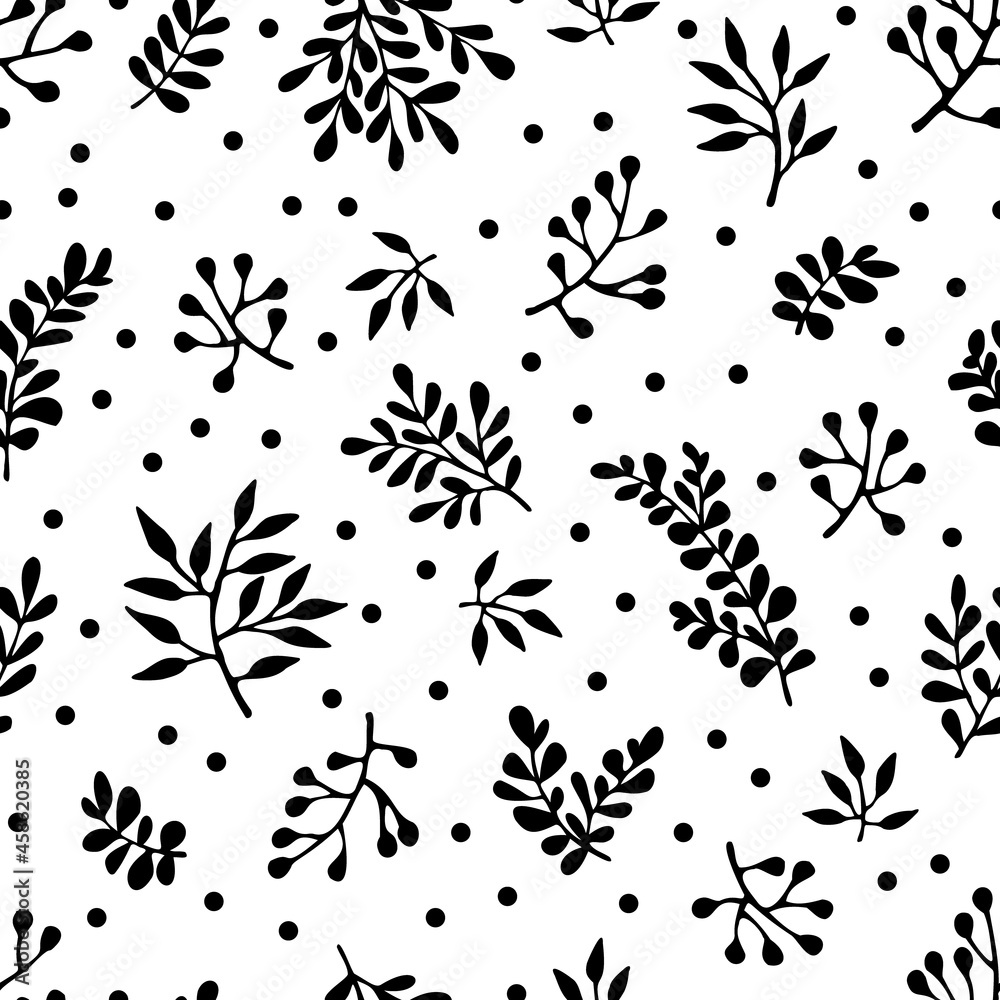 Vector seamless pattern with branches and polka dots. Botanical design for wallpaper, textile, fabric, wrapping paper.